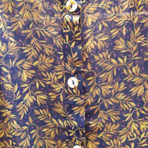 Sheer Navy & Tan Leaf Print Button-front Blouse - Picture 2 of 4